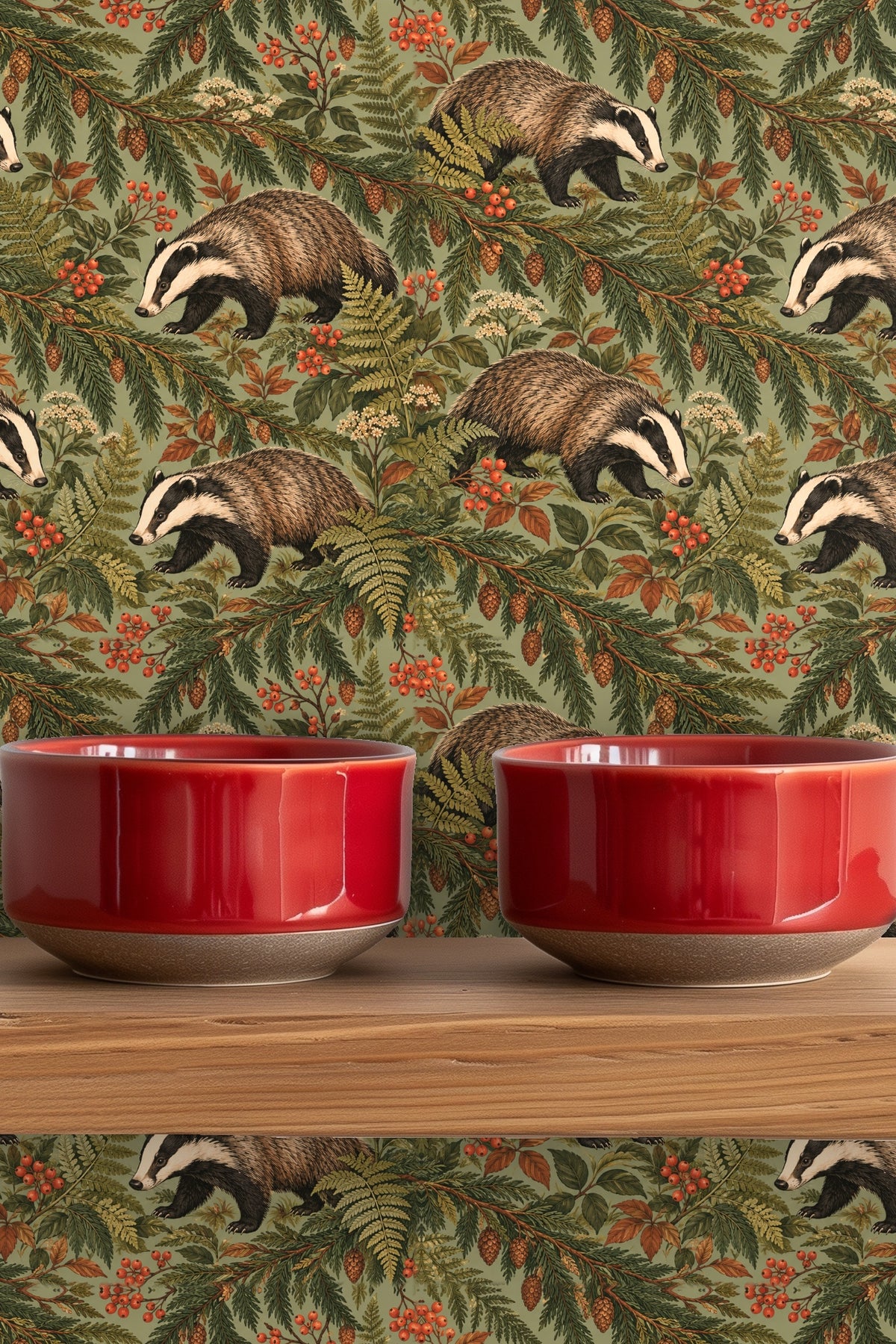 Red berry clusters contrasting with muted foliage and badger figures