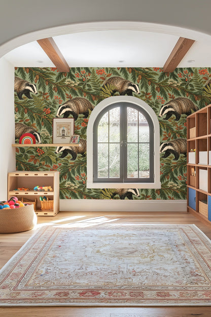 Clusters of cedar cones and red berries integrated with botanical foliage in wallpaper design