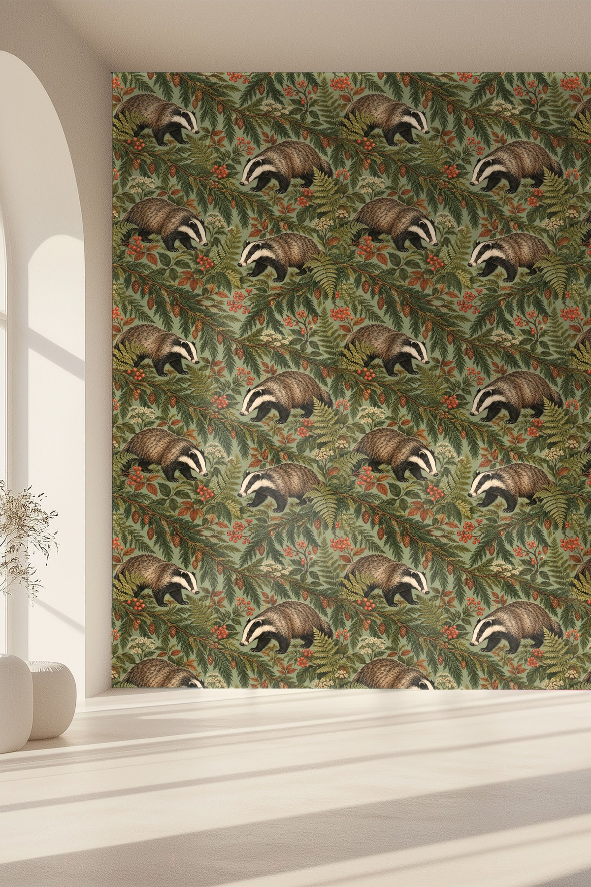 Arrangement of botanical elements including ferns, white buds, and cedar twigs in wallpaper