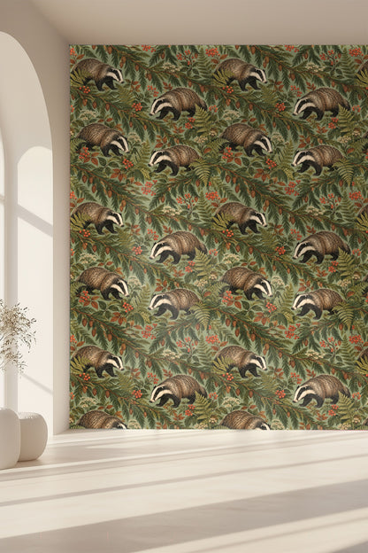 Arrangement of botanical elements including ferns, white buds, and cedar twigs in wallpaper