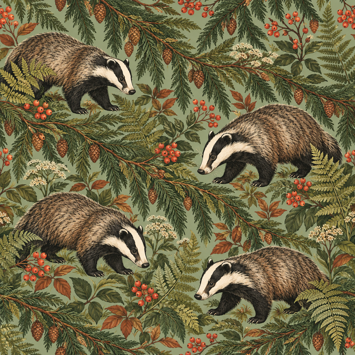 Overall pattern repeat showing walking badgers in an antique naturalist style