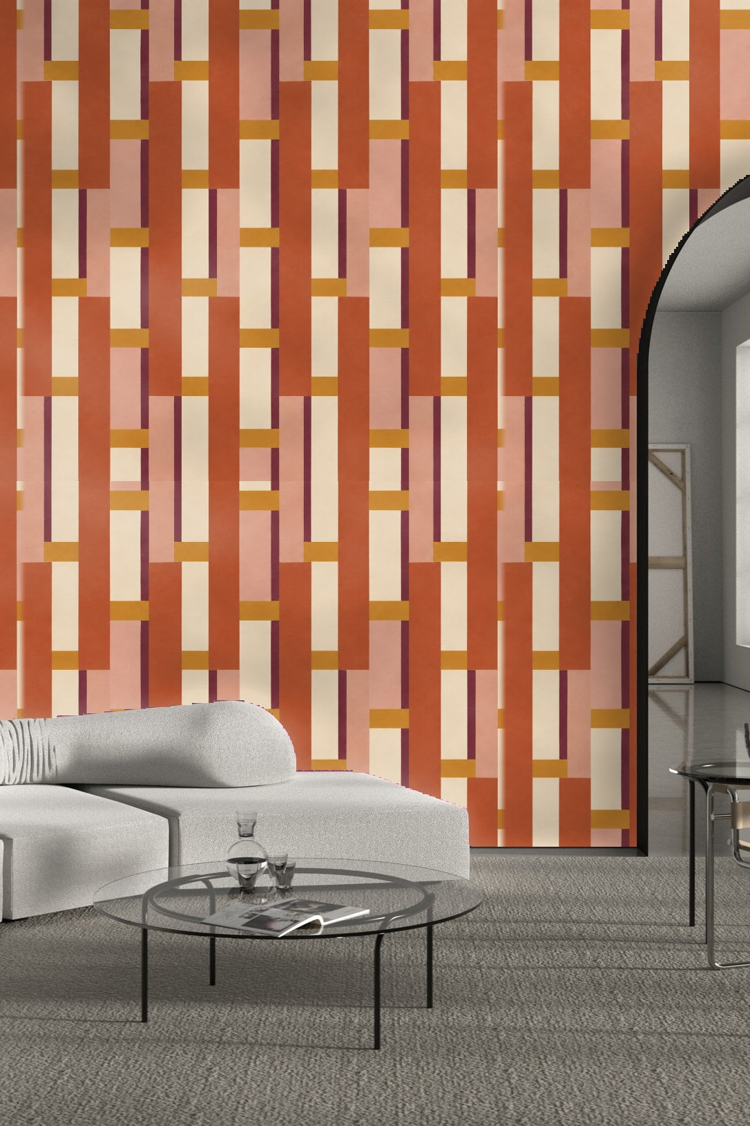Corner shot emphasizing clean lines and colors of Spice Ladder wallpaper design.
