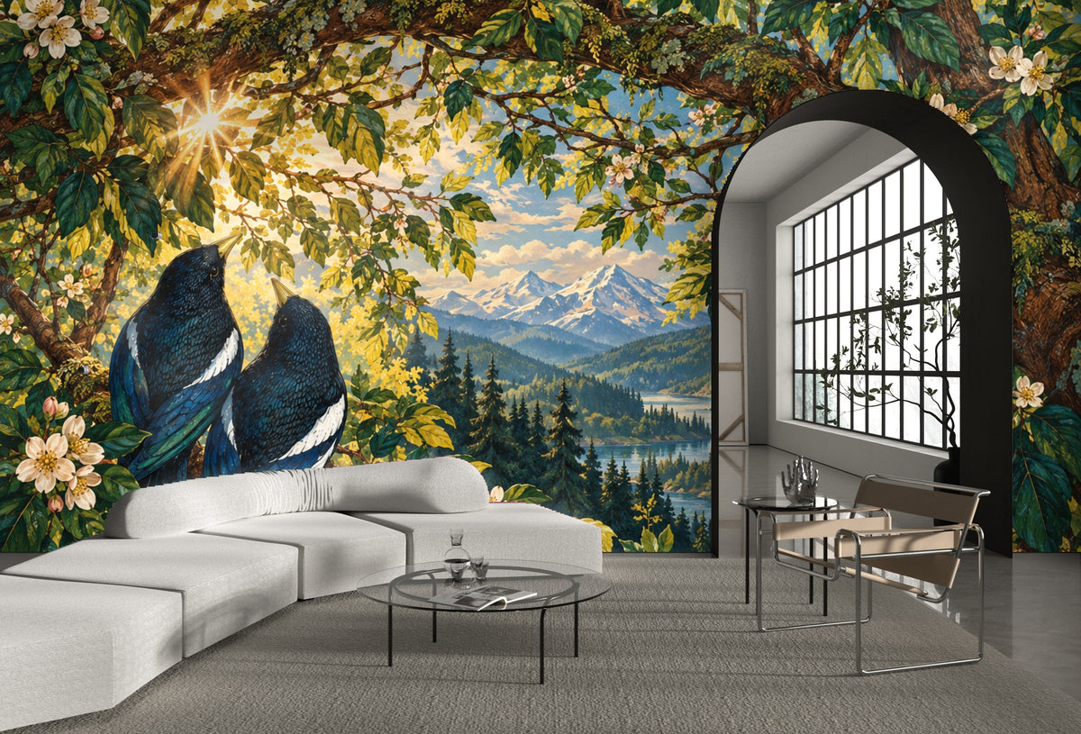 Installed in a modern living room: mural as a dramatic feature wall seen beside an arched doorway
