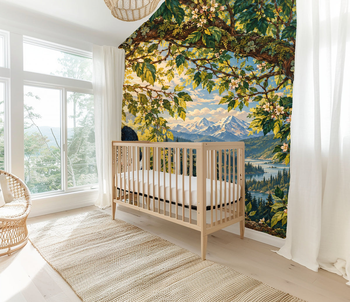 Bathroom detail: towel ring in front of the mural with mountain view and leafy canopy visible