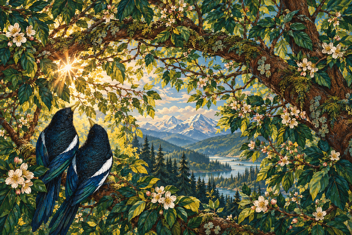Panoramic fragment: leafy canopy and sun rays opening to the distant lake and pine-covered hills