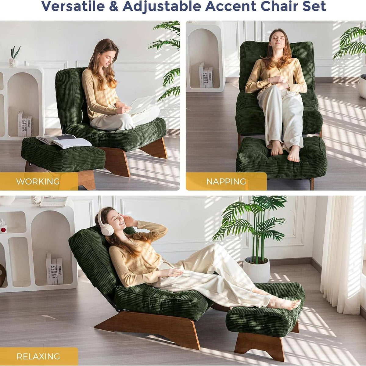 Green Adjustable Backrest Accent Chair with Ottoman by ShipItFurniture — view 3