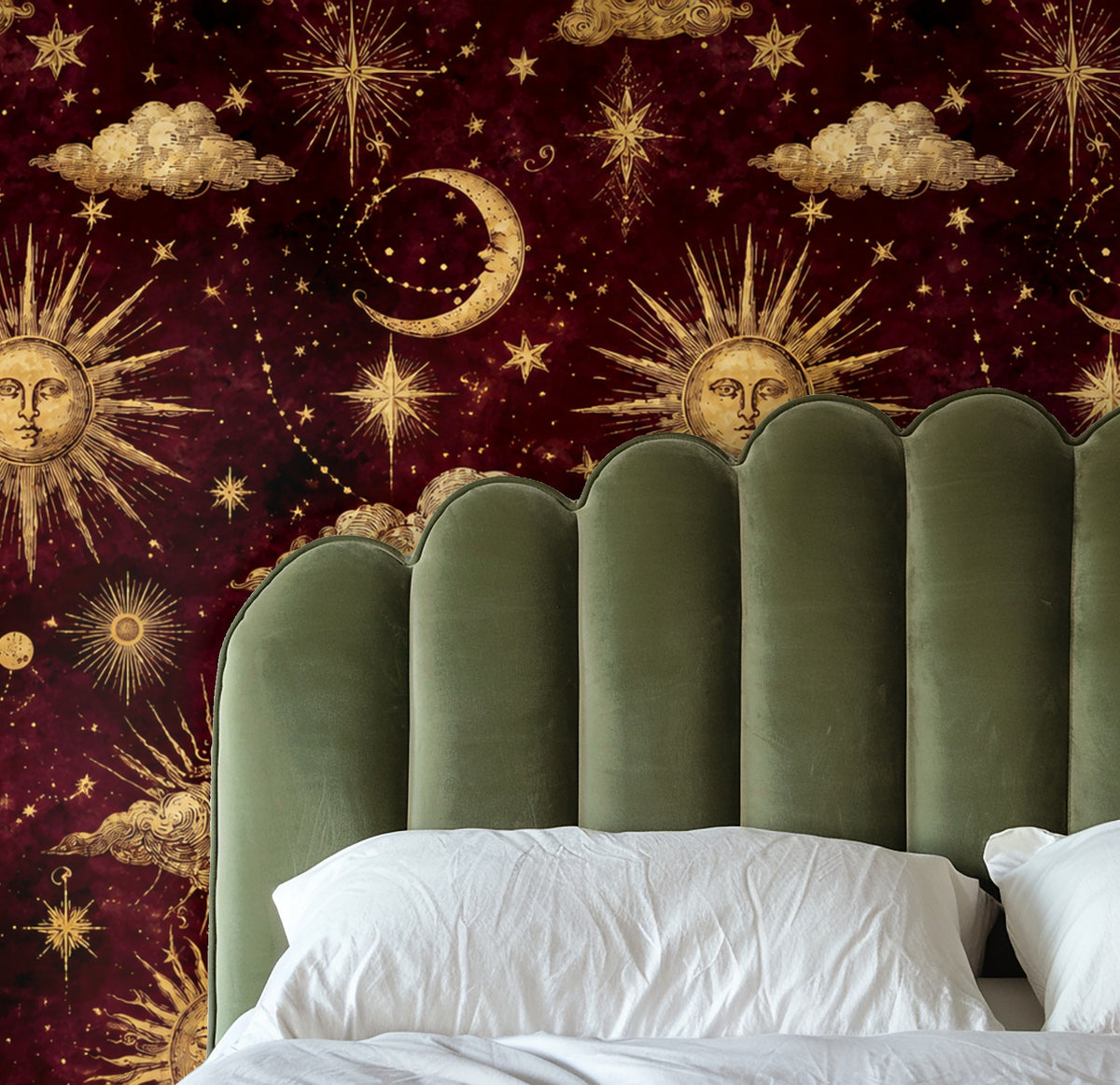 Entryway vignette with bench in front of a large-scale gilded celestial wallpaper mural