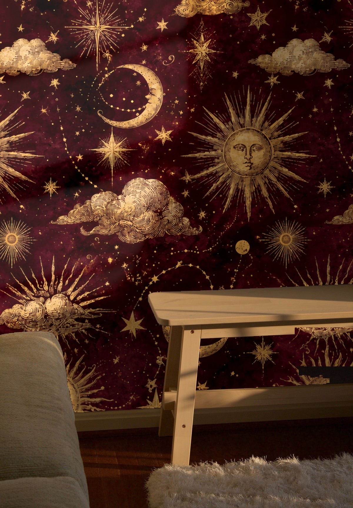 Tabletop still life with pitcher and cake placed in front of the wallpaper, highlighting star trails and sunburst details