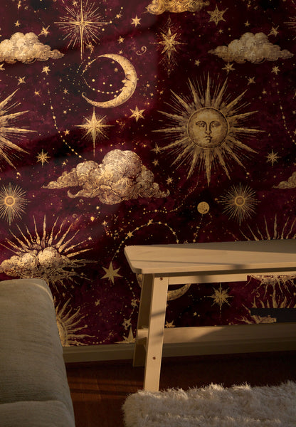 Tabletop still life with pitcher and cake placed in front of the wallpaper, highlighting star trails and sunburst details