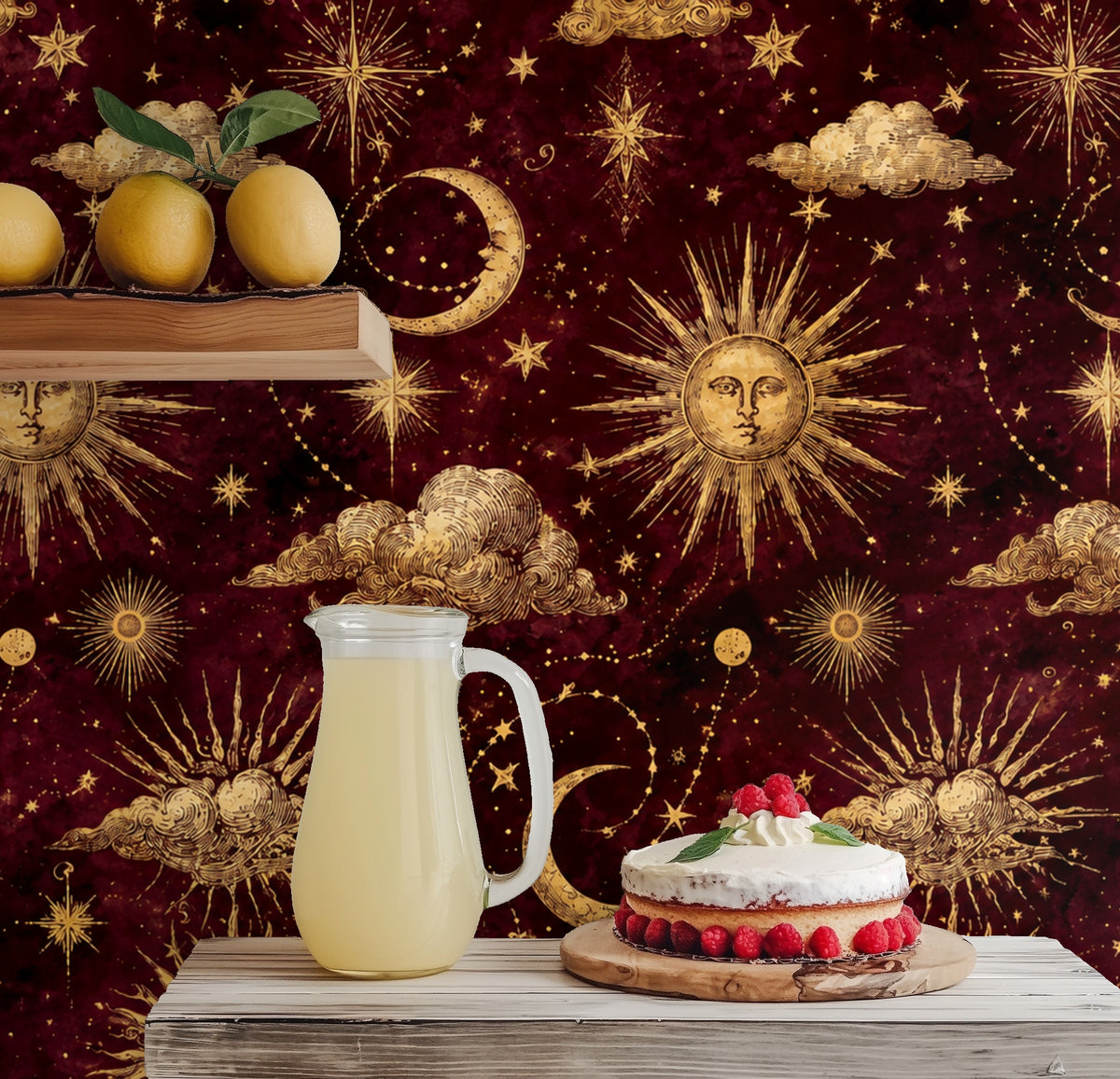 Arched niche with round mirror framed by the gilded celestial wallpaper, showing moon and starbursts around the opening