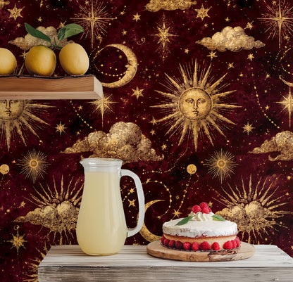 Arched niche with round mirror framed by the gilded celestial wallpaper, showing moon and starbursts around the opening