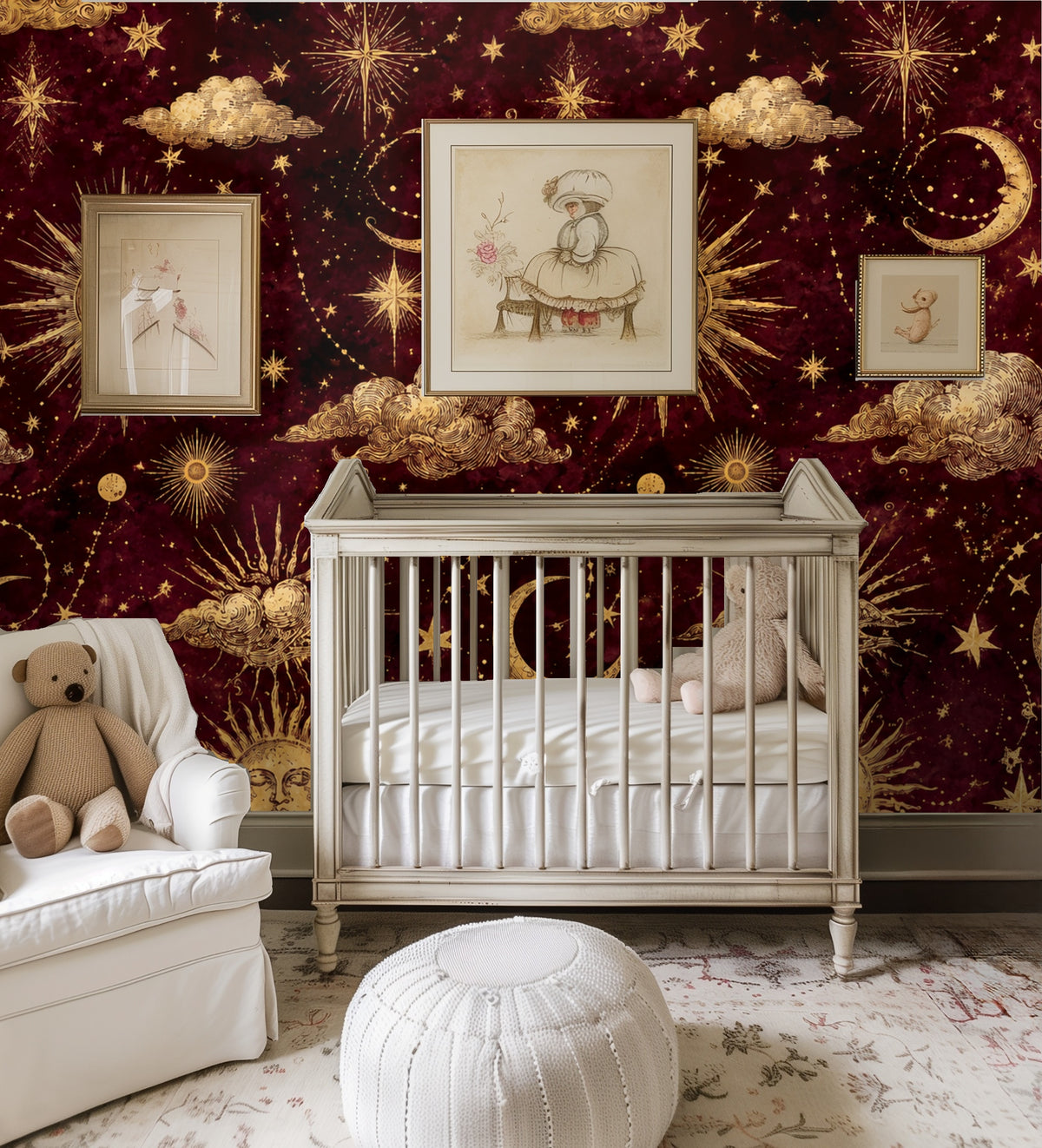 Kitchen or pantry vignette with floating shelf and lemons against the maroon wallpaper patterned with gold moons and clouds