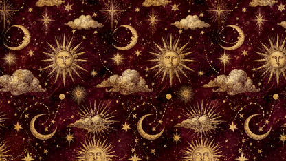 Cropped close-up showing engraved linework of the sun face, moon and tiny scattered stars on the textured burgundy field