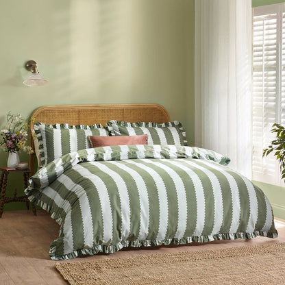 Birdie Stripe Ruffle Duvet Cover Set Bay Green/Mist by Riva Home