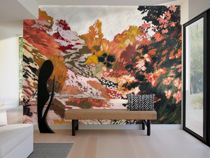 Close-up of original artwork showing broad brushstrokes in coral, terracotta, olive, cream and pale grey suggesting an abstract hillside and