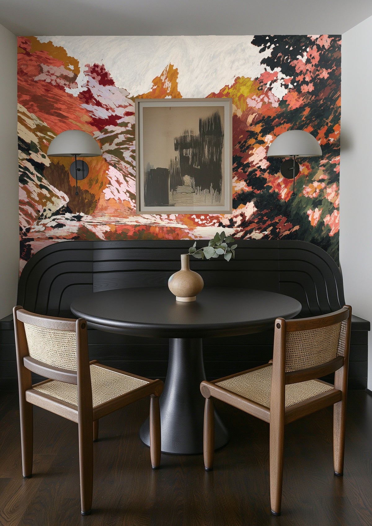 Gallery wall styling over the mural, framed prints placed directly on the painted landscape to show scale and layering with art