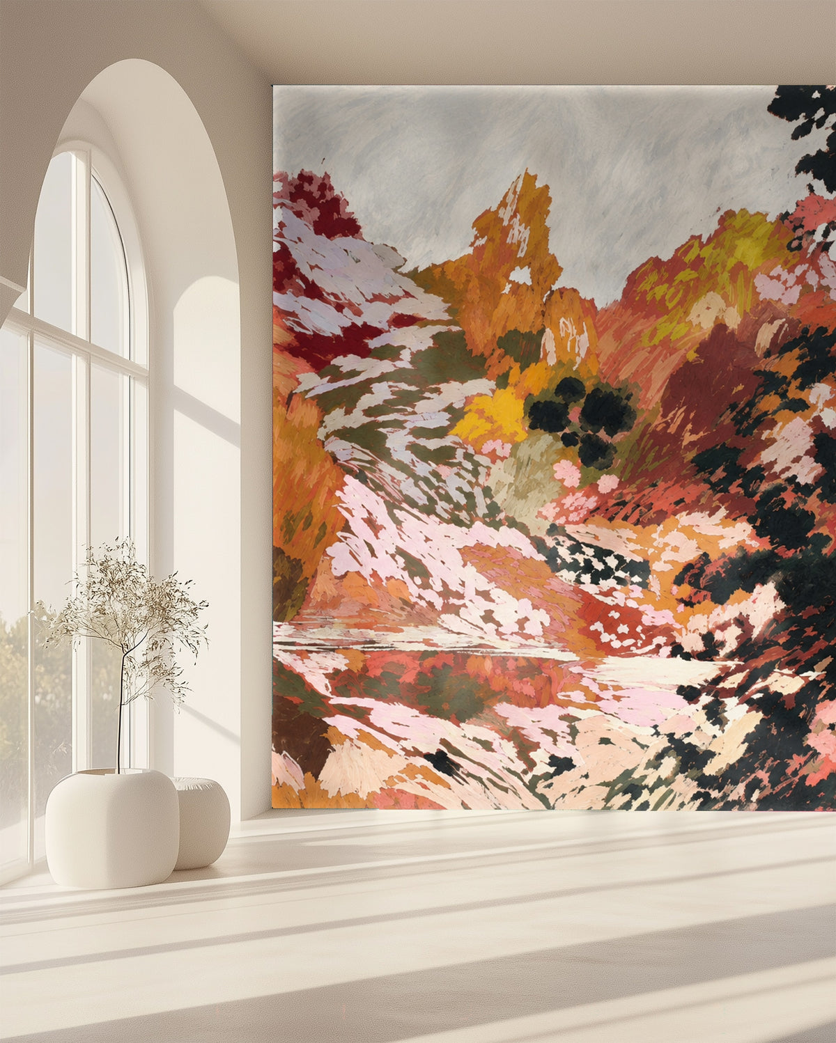 Tight detail showing layered strokes and small dark clusters that read as shrubs, highlighting the design's textured painterly surface