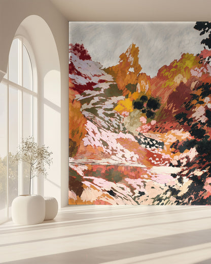 Tight detail showing layered strokes and small dark clusters that read as shrubs, highlighting the design's textured painterly surface