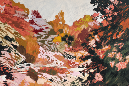 Full composition of the artwork flat: sweeping hills, reflective water suggestion, and a soft chalky sky in a warm autumnal palette