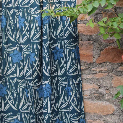 Floral Block Print Curtain, Blue Window Panel — Daphne by Ichcha — view 2