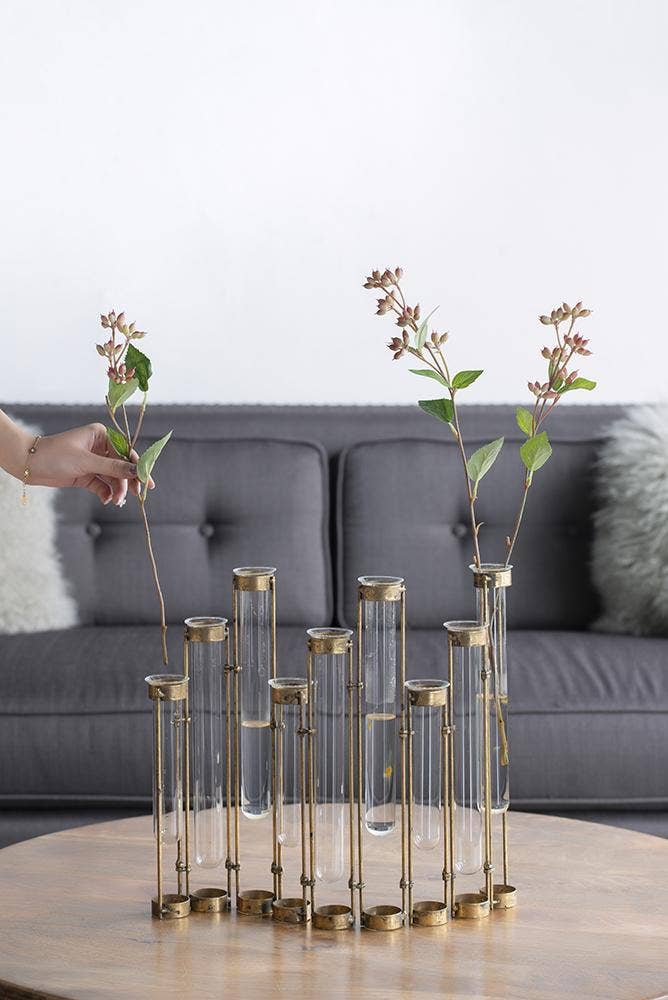 17.5x2x14" Glass Vial Flower Vase with Bronze Iron Frame by A&B Home Group Inc.