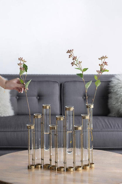 17.5x2x14" Glass Vial Flower Vase with Bronze Iron Frame by A&B Home Group Inc.