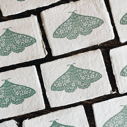 5x7 Seafoam Floral Moth Block Print On Handmade Paper
