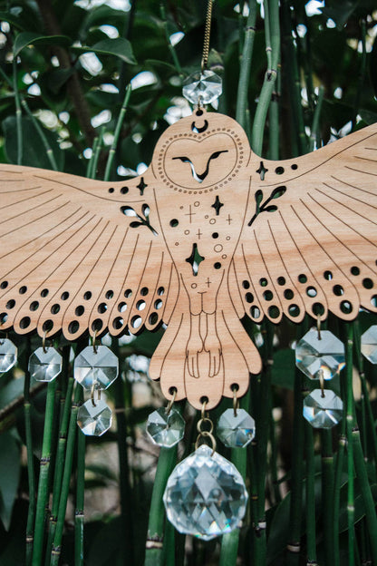 Owl Wooden Wall Hanging Bird Suncatcher w/ Crystal Prisms by HEX Botanical — view 8