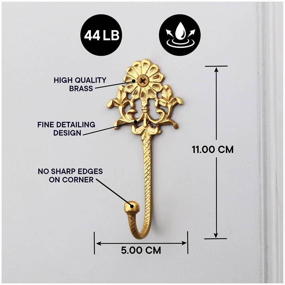 1 Piece Brass Floral Decorative Wall Hooks Golden by Daana Paani LLC — view 4