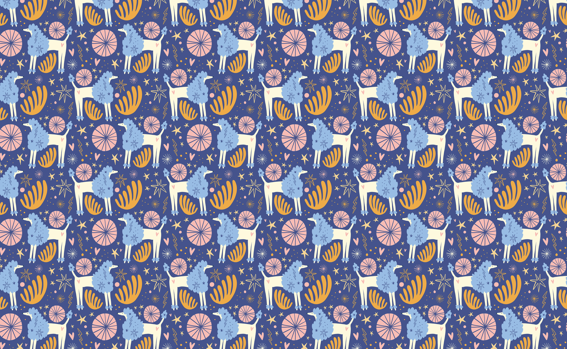 Seam-matched repeat detail of Celestial Grove showing mustard fan shapes, blush circles and powder blue llamas on indigo