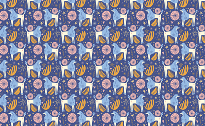 Seam-matched repeat detail of Celestial Grove showing mustard fan shapes, blush circles and powder blue llamas on indigo
