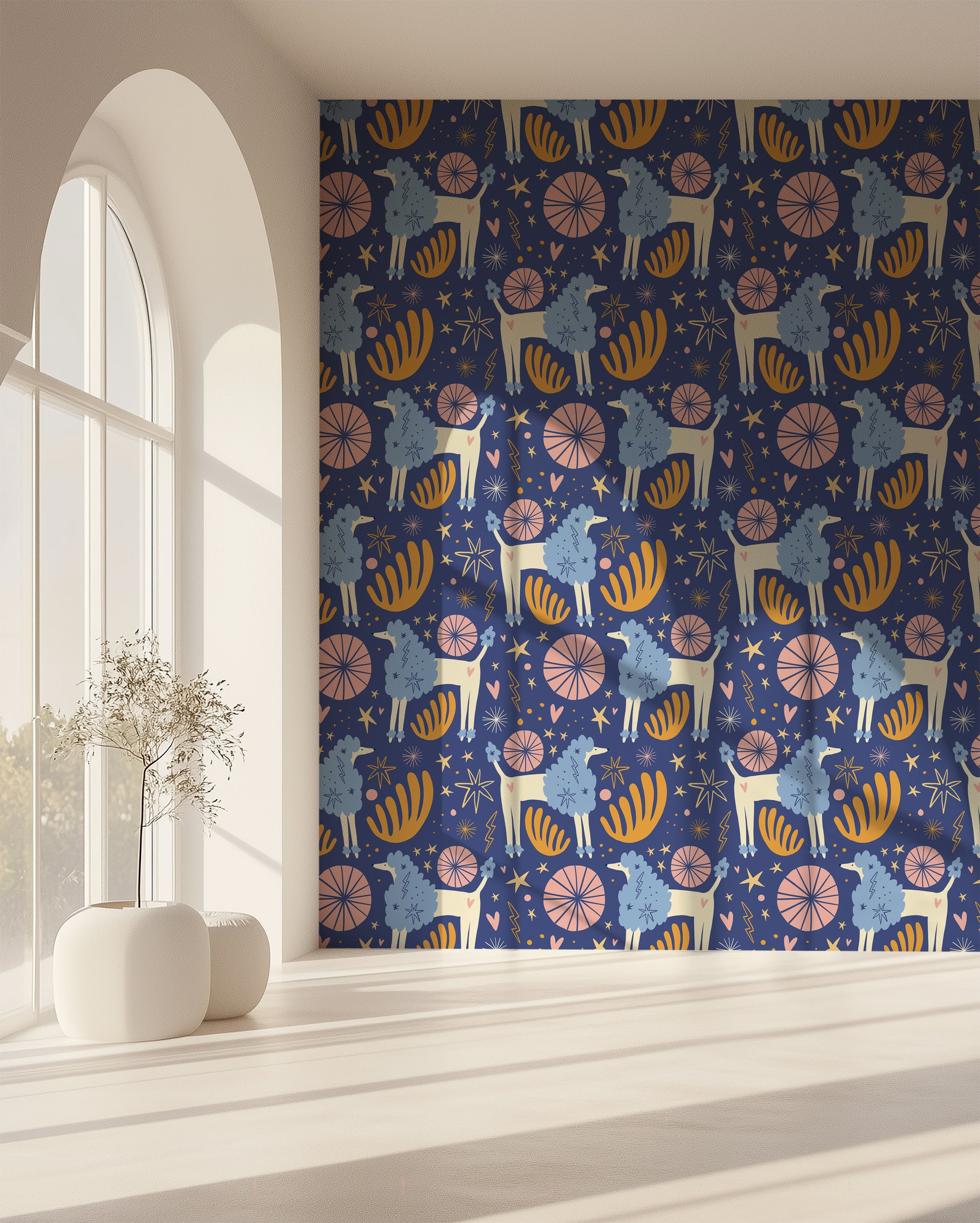 Room mockup with a dresser against a single accent wall covered in Celestial Grove wallpaper showing scale and contrast