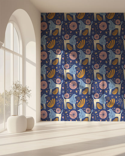 Room mockup with a dresser against a single accent wall covered in Celestial Grove wallpaper showing scale and contrast