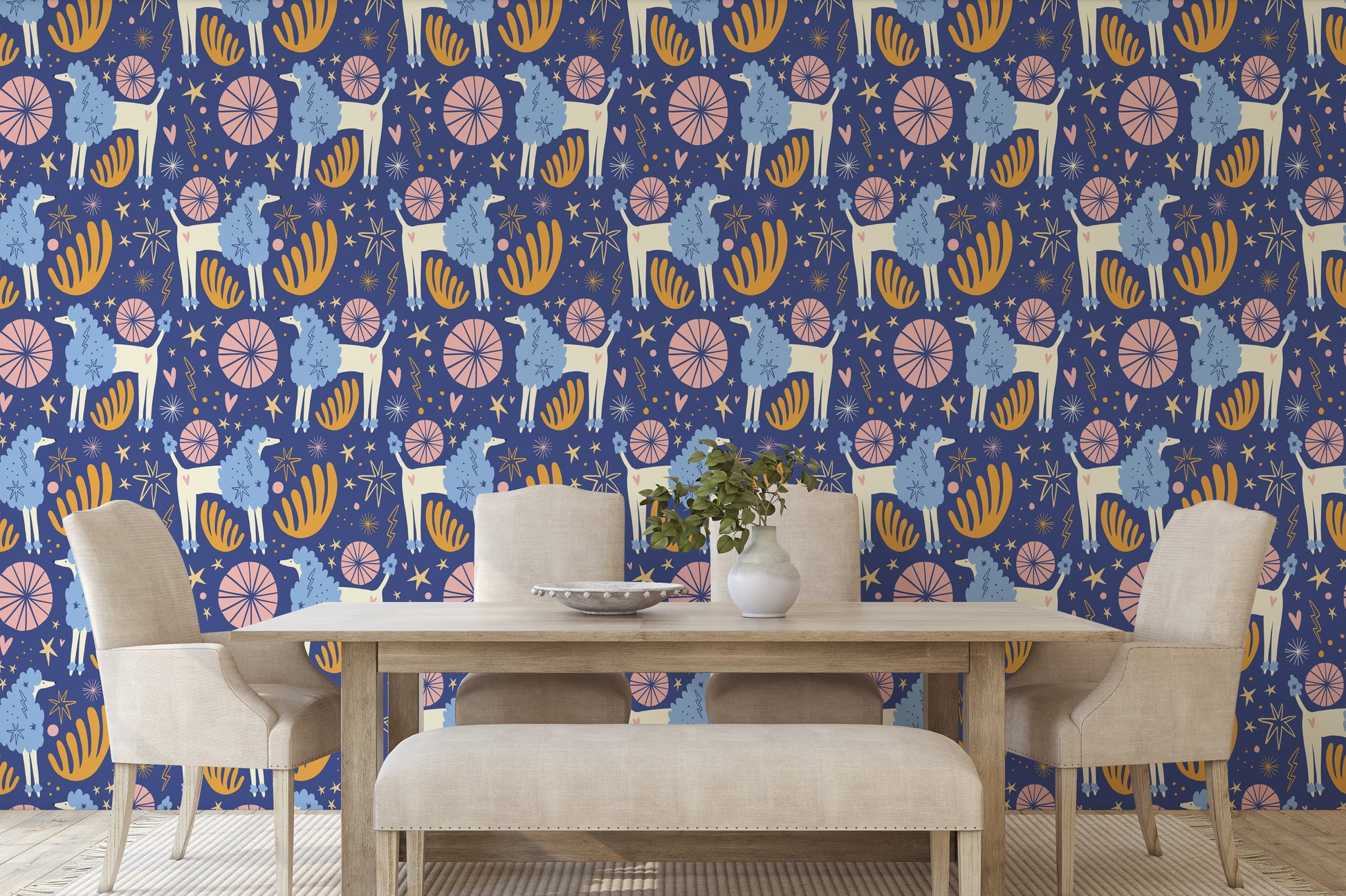 Living room scene with Celestial Grove wallpaper behind a low modern sofa illustrating repeat and atmosphere