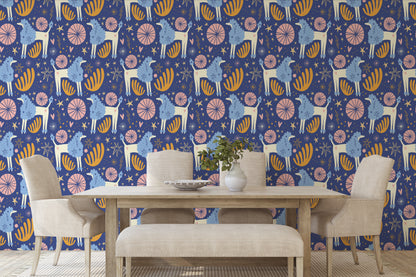 Living room scene with Celestial Grove wallpaper behind a low modern sofa illustrating repeat and atmosphere