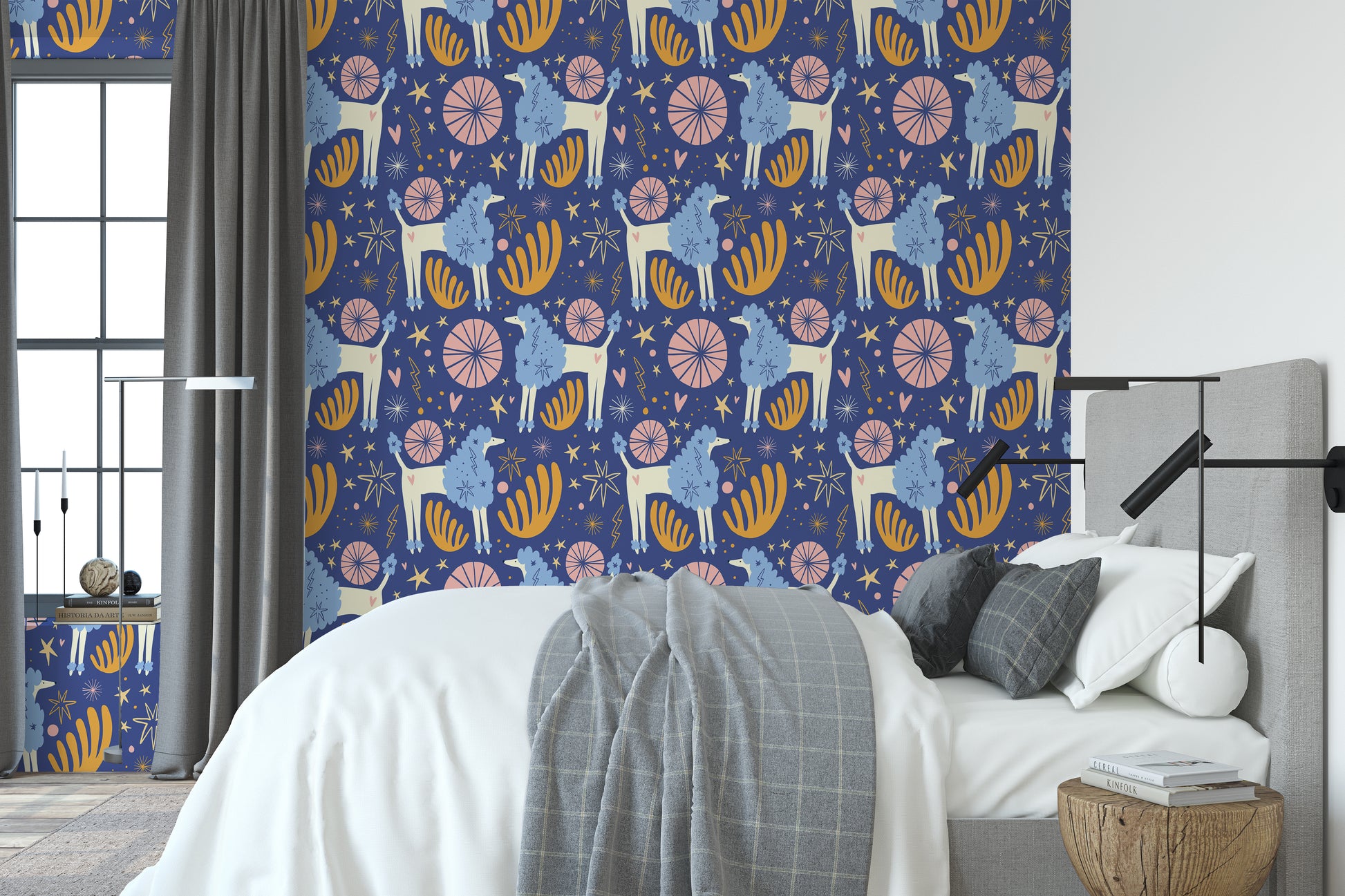 Wide view of Celestial Grove wallpaper in a loft-like room highlighting scale, color balance and hand-drawn details