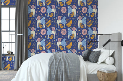 Wide view of Celestial Grove wallpaper in a loft-like room highlighting scale, color balance and hand-drawn details