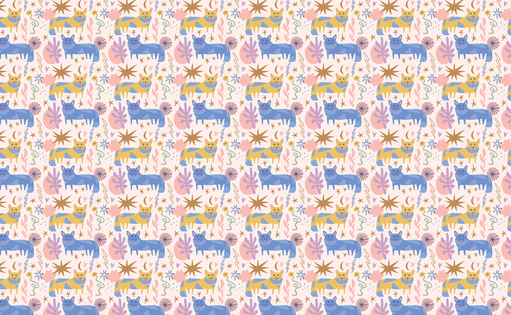 Moodboard-style crop emphasizing the color story: blush pink ground, cornflower blue, mustard and warm tan accents.