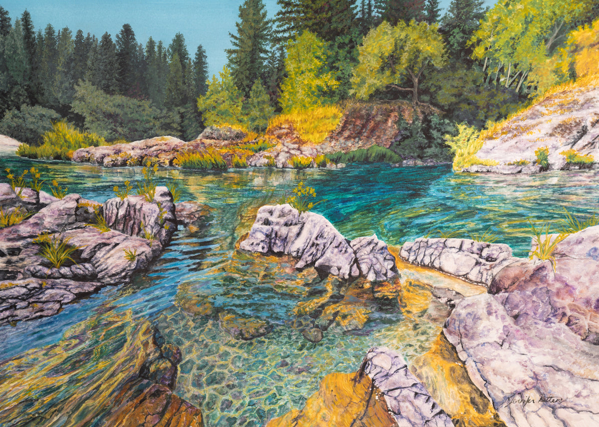 Artistic mural showing peaceful river scene with inviting ambient lighting and natural tones.