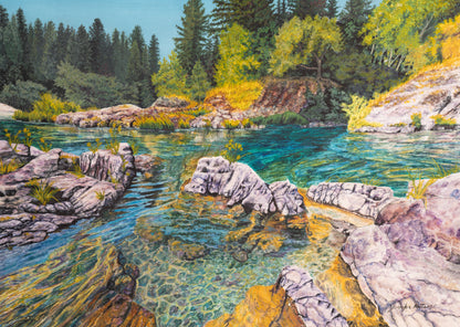 Artistic mural showing peaceful river scene with inviting ambient lighting and natural tones.