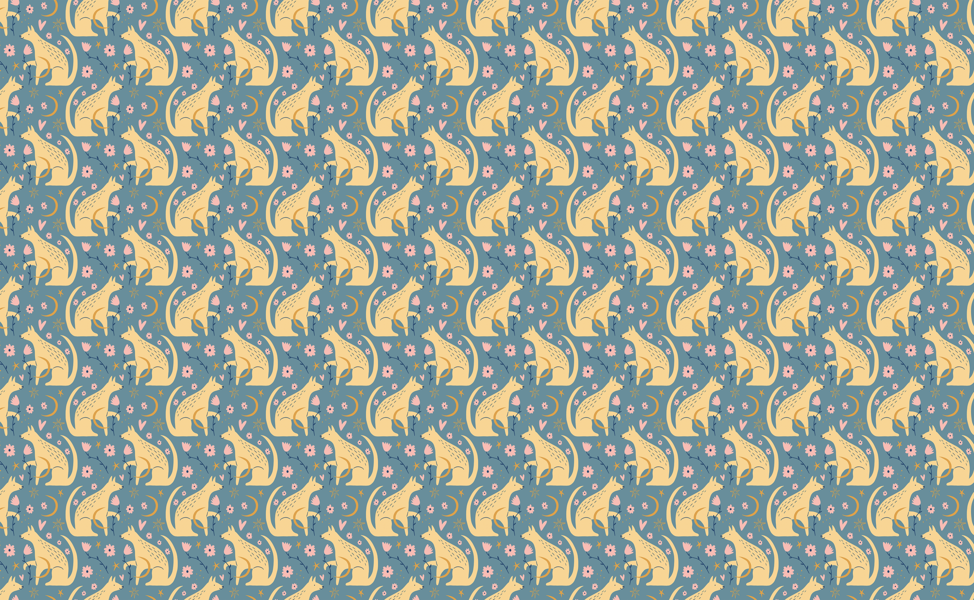 Overall tiled layout showing rhythm, spacing, and repeat of the fox and floral elements