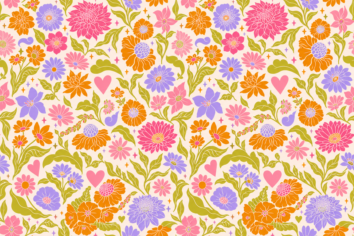 Retro Pop Floral Tile wallpaper fragment with dynamic mix of flowers, hearts, and foliage in bold colors. 