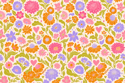 Retro Pop Floral Tile wallpaper fragment with dynamic mix of flowers, hearts, and foliage in bold colors. 