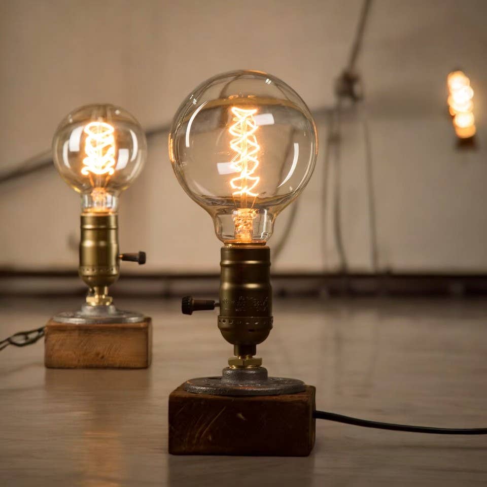 Industrial Led Table Lamp with Wood Base by huemabe (All Import Duties Covered)