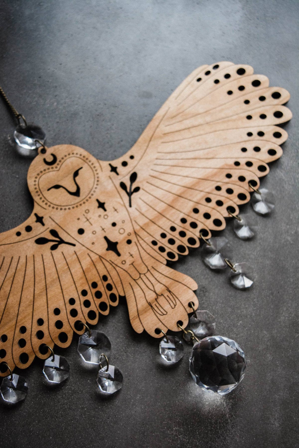 Owl Wooden Wall Hanging Bird Suncatcher w/ Crystal Prisms by HEX Botanical