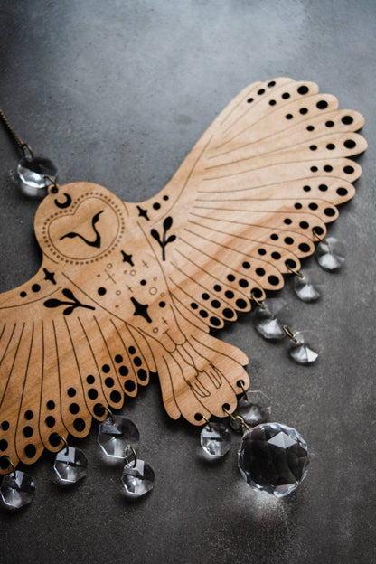 Owl Wooden Wall Hanging Bird Suncatcher w/ Crystal Prisms by HEX Botanical
