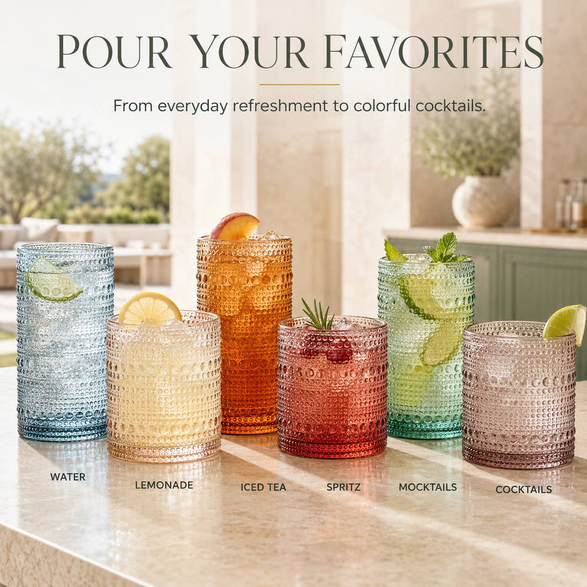 12 Hobnail Drinking Glasses Pastel Colored Beaded Set by The Wine Savant / Khen Glassware — view 5