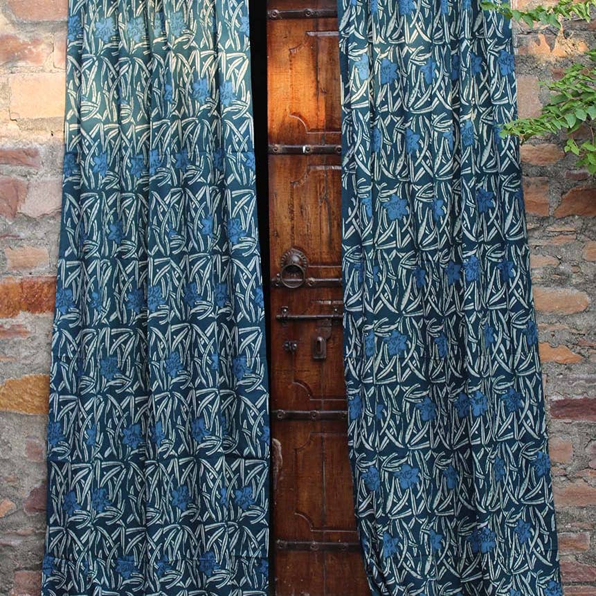 Floral Block Print Curtain, Blue Window Panel — Daphne by Ichcha — view 3