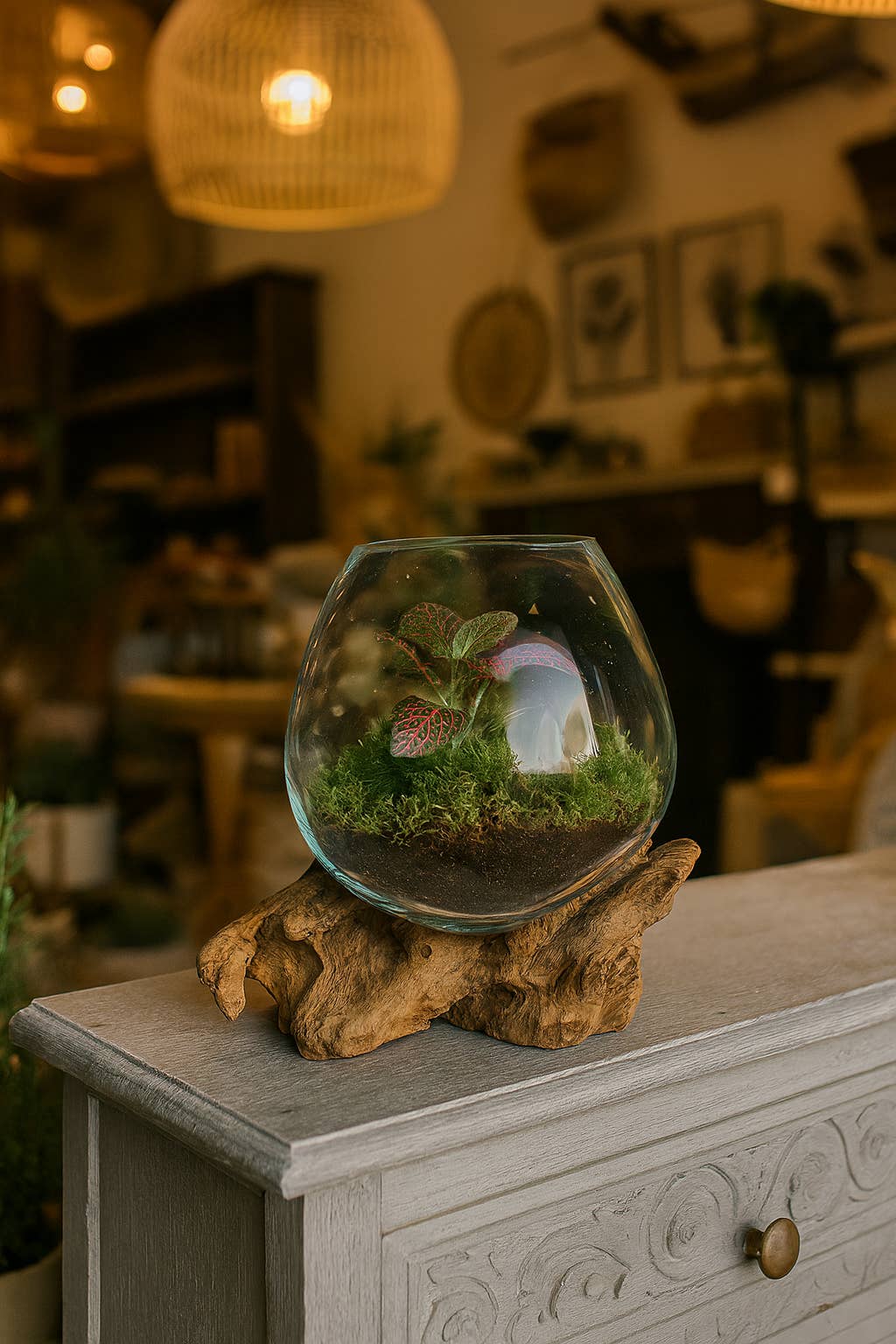 Mini Glass Terrarium On Wood (Approx. 6" X 5" X 5") by Asia West