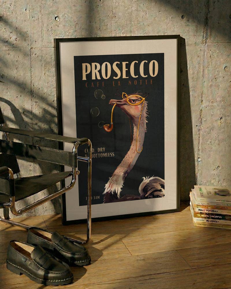 Prosecco Ostrich Art Print - Art Deco Vintage Cafe Poster by Pictufy Wholesale — view 2